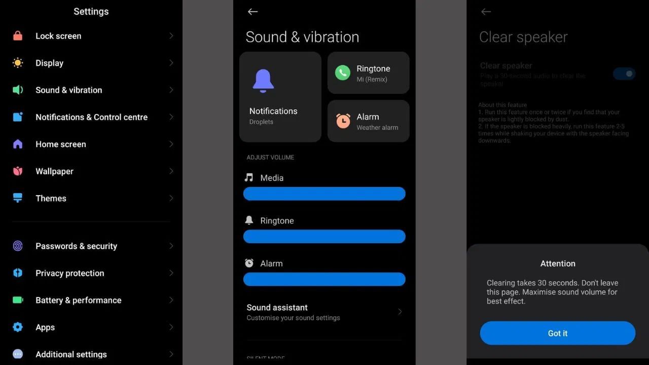 3. ફોન સ્પીકર ક્લીનર સાઉન્ડ : આજકાલ સ્પીકરને સાફ કરવા માટે ઘણા સ્માર્ટફોનમાં ક્લિનિંગ ઑડિયો સાઉન્ડ ઉપલબ્ધ છે. તેને વગાડવાથી સ્માર્ટફોન સ્પીકર પર જામેલી ધૂળ કે કચરો નીકળી જાય છે. આ માટે તમે ફોનના સેટિંગમાં સાઉન્ડ અને વાઇબ્રેશન વિકલ્પ હેઠળ આ ઓપ્શન શોધી શકો છો. Redmiના ફોનમાં સ્પીકર ક્લિનિંગ સાઉન્ડ ચાલુ કરવા પર, 30 સેકન્ડ સુધી એક અવાજ આવે છે. જે વાઈબ્રેશન સાથે ખુબ જ તીવ્ર હોય છે, જે ફોનના સ્પીકરમાં જમા થયેલી ગંદકીને દૂર કરવામાં મદદ કરે છે. આમ કરવાથી સ્પીકરમાંથી સ્પષ્ટ અવાજ આવી શકે છે.