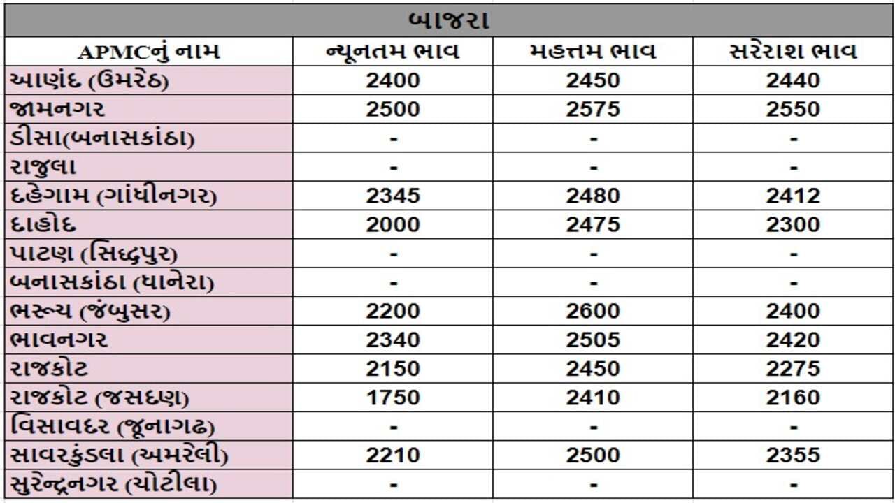 બાજરાના તા.18-09-2024ના રોજ APMCના ભાવ રૂ.1750 થી 2600 રહ્યા.