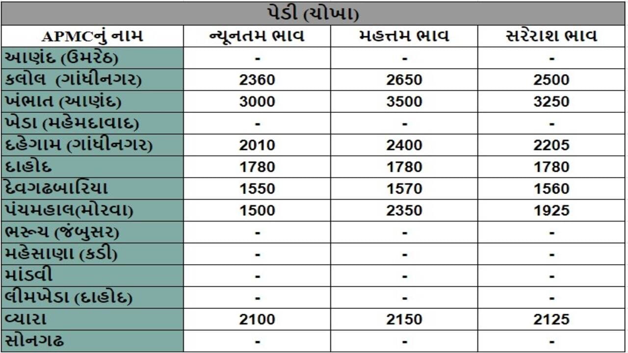 પેડી (ચોખા)ના તા.09-09-2024ના રોજ APMCના ભાવ રૂ.1500 થી 3500 રહ્યા.