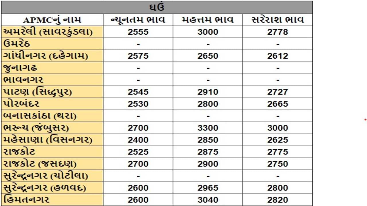 ઘઉંના તા.04-09-2024ના રોજ APMCના ભાવ રૂ.2400 થી 3300 રહ્યા.