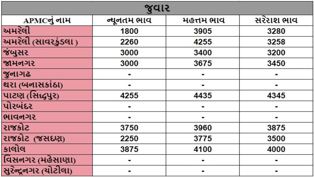 જુવારના તા.09-09-2024ના રોજ APMCના ભાવ રૂ.1800 થી 4435 રહ્યા.