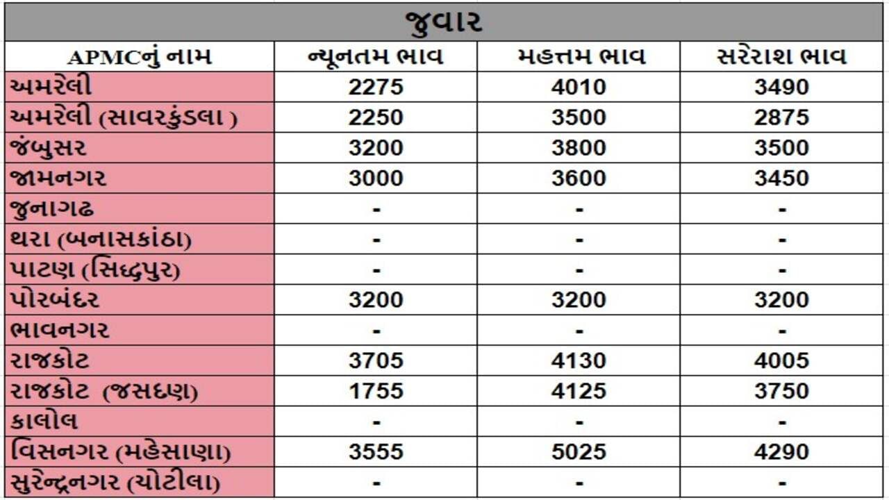 જુવારના તા.25-09-2024ના રોજ APMCના ભાવ રૂ.1755 થી 5025 રહ્યા.