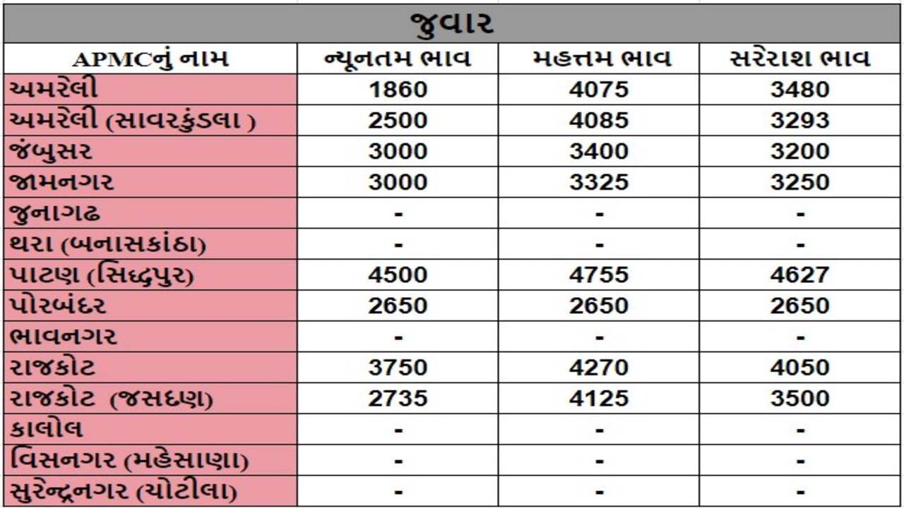 જુવારના તા.04-09-2024ના રોજ APMCના ભાવ રૂ.1850 થી 4755 રહ્યા.