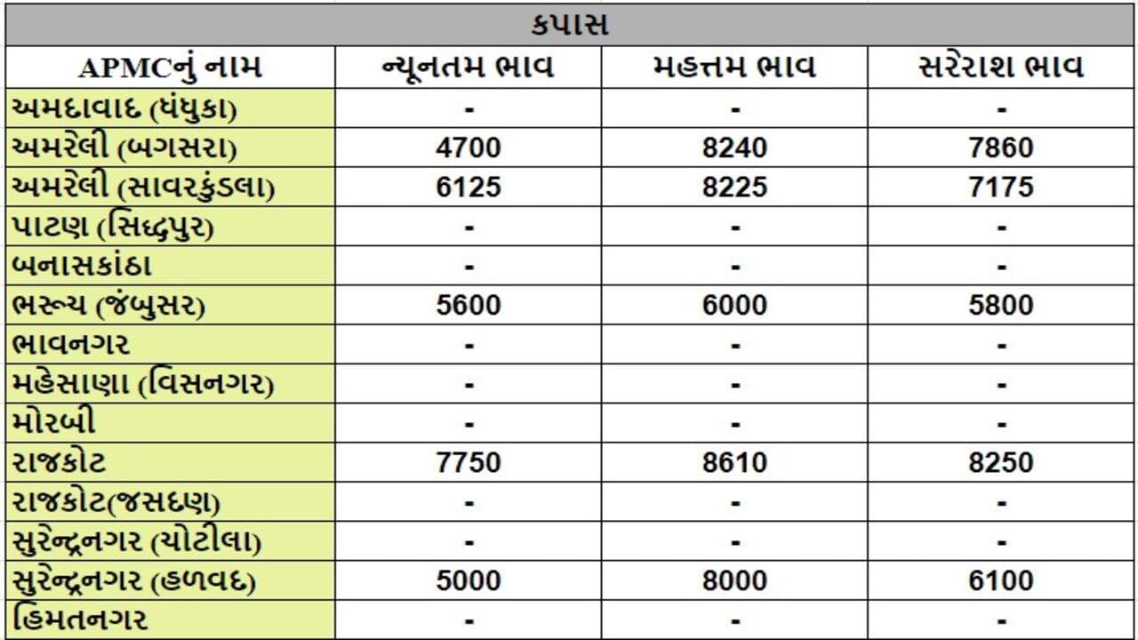 કપાસના તા.09-09-2024ના રોજ APMCના ભાવ રૂ.4700 થી 8610 રહ્યા.