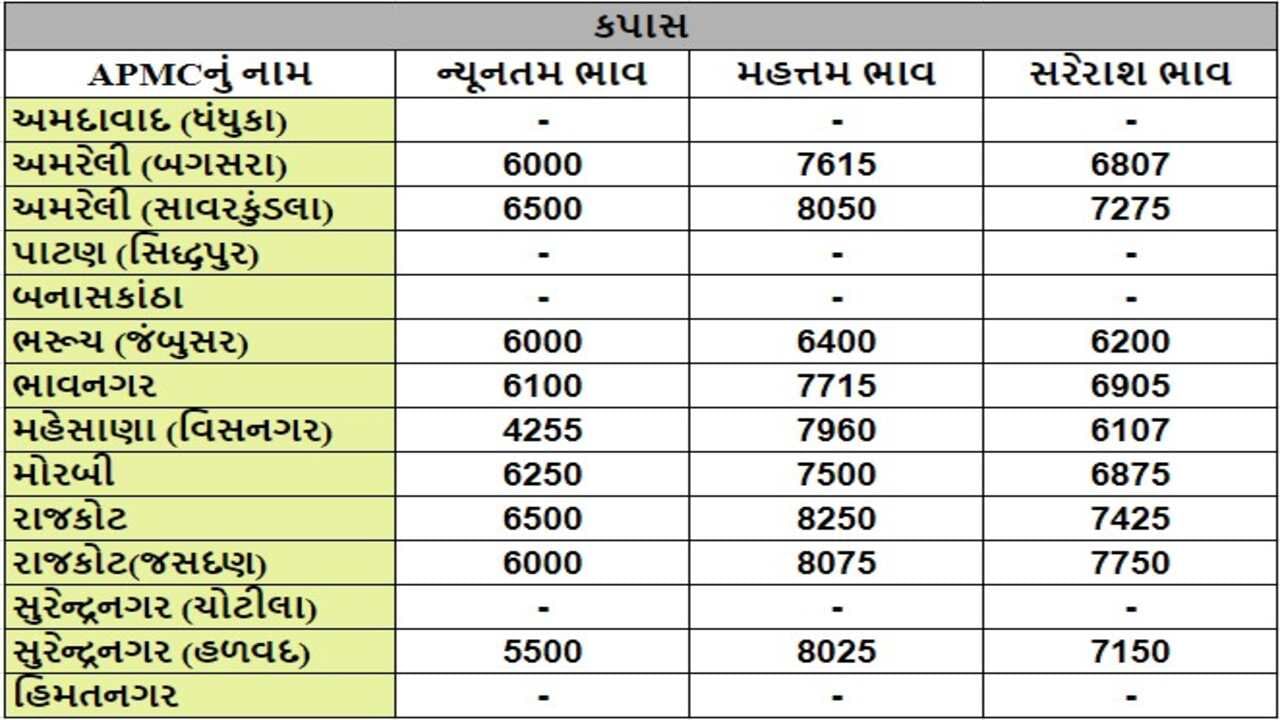 કપાસના તા.25-09-2024ના રોજ APMCના ભાવ રૂ.4255 થી 8250 રહ્યા.