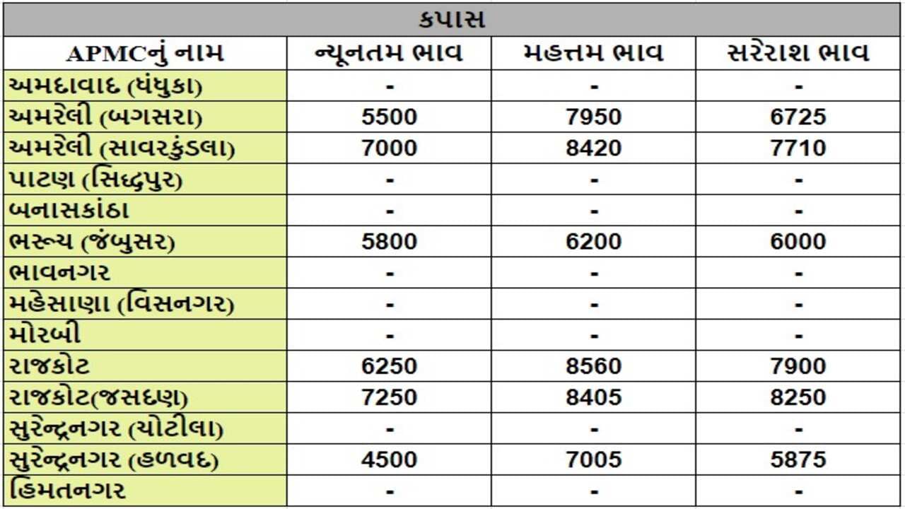 કપાસના તા.10-09-2024ના રોજ APMCના ભાવ રૂ.4500 થી 8560 રહ્યા.