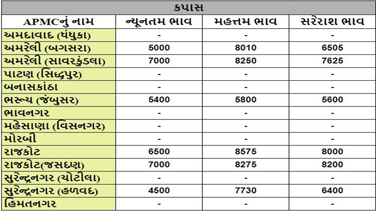 કપાસના તા.11-09-2024ના રોજ APMCના ભાવ રૂ.4500 થી 8575 રહ્યા.