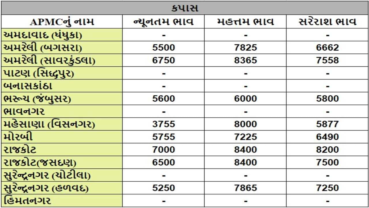 કપાસના તા.21-09-2024ના રોજ APMCના ભાવ રૂ.3755 થી 8400 રહ્યા.