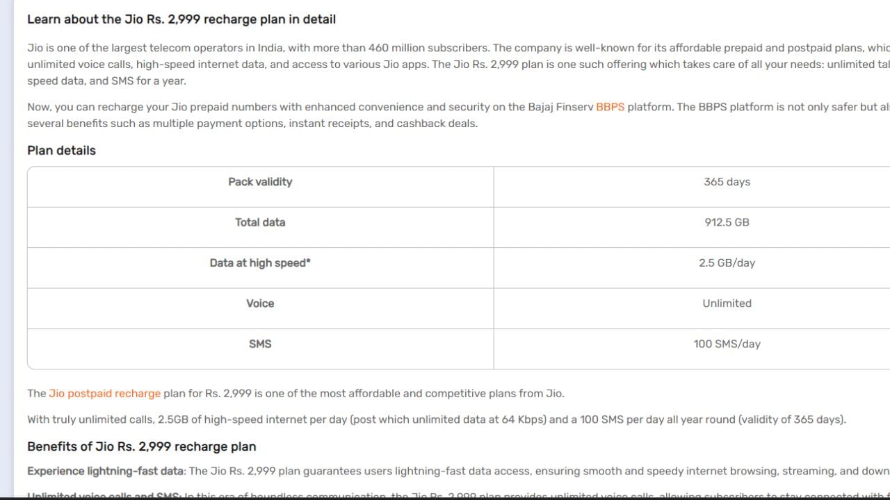 Jioનો 365 દિવસનો પ્લાન : જિયોએ જુલાઈ મહિનામાં તેનો રિચાર્જ પોર્ટફોલિયો અપગ્રેડ કર્યો હતો. હવે કંપની પાસે તેના ગ્રાહકો માટે 2 વાર્ષિક પ્લાન છે. Jio પાસે 3599 રૂપિયાનો સસ્તો વાર્ષિક પ્લાન છે. આ પ્લાનમાં ગ્રાહકોને 365 દિવસની વેલિડિટી સાથે કુલ 912.5GB ડેટા મળે છે. તમે દરરોજ 2.5GB ડેટાનો ઉપયોગ કરી શકો છો. આમાં તમને દરરોજ 100 ફ્રી SMS મળે છે. આમાં તમને Jio TV, Jio Cinema અને Jio Cloudનું ફ્રી સબસ્ક્રિપ્શન મળે છે.