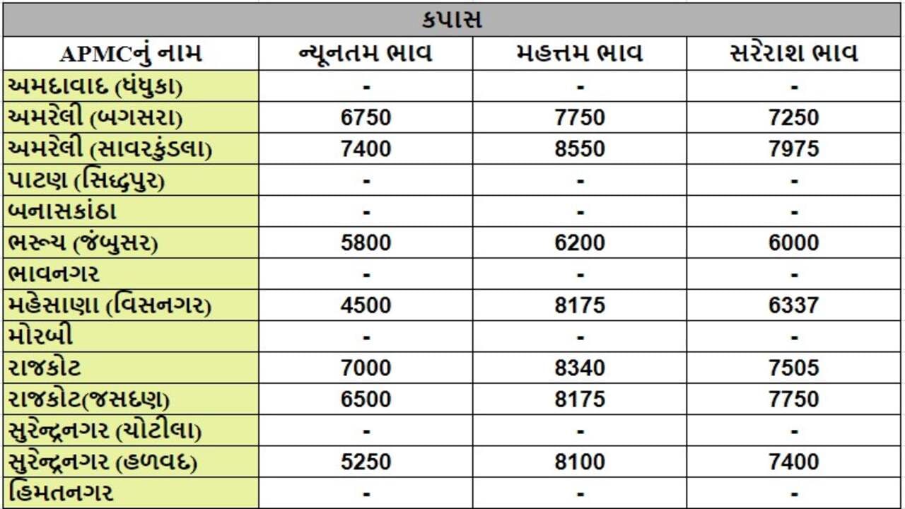 કપાસના તા.21-09-2024ના રોજ APMCના ભાવ રૂ.4500 થી 8550 રહ્યા.