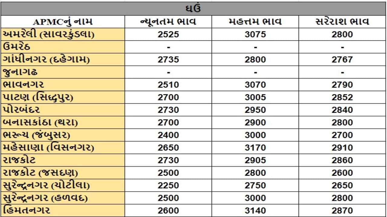 ઘઉંના તા.08-10-2024ના રોજ APMCના ભાવ રૂ.2250 થી 3170 રહ્યા.