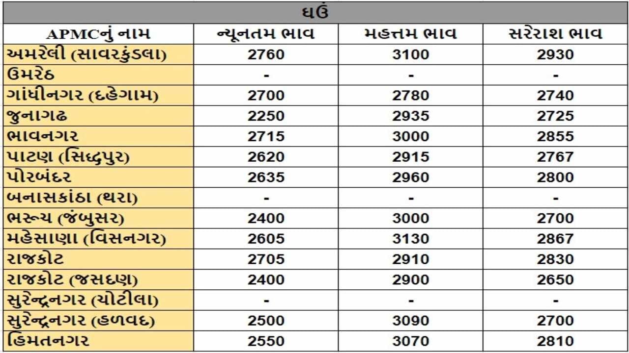 ઘઉંના તા.01-10-2024ના રોજ APMCના ભાવ રૂ.2250 થી 3130 રહ્યા.