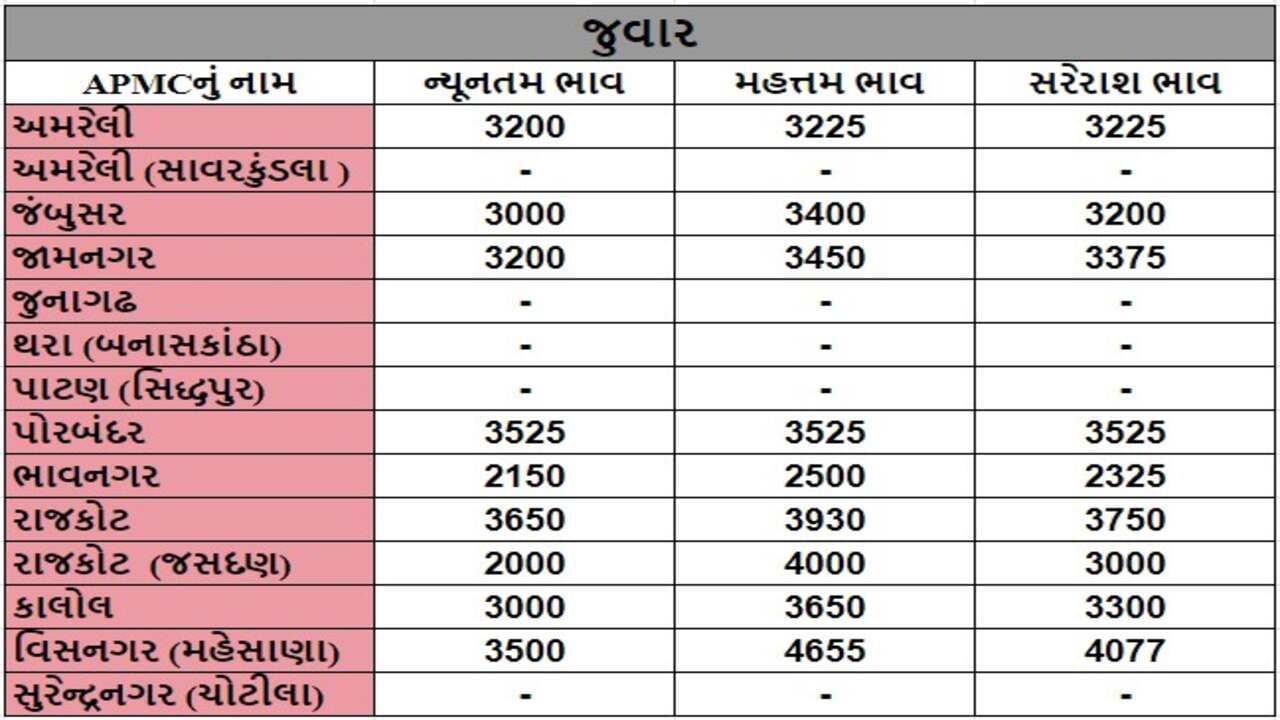 જુવારના તા.03-10-2024ના રોજ APMCના ભાવ રૂ.2150 થી 4655 રહ્યા.