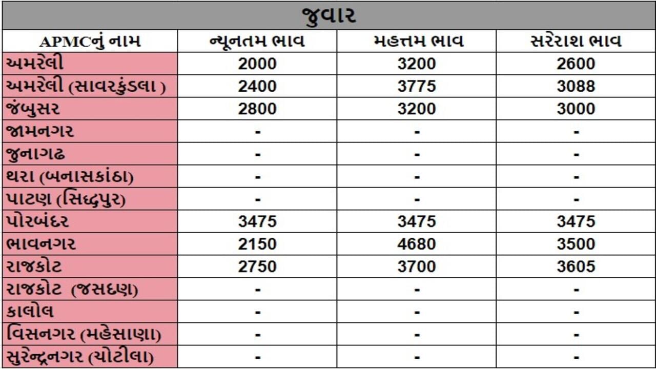 જુવારના તા.22-10-2024ના રોજ APMCના ભાવ રૂ.2000 થી 4680 રહ્યા.