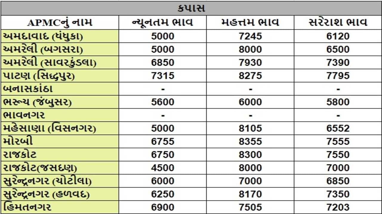 કપાસના તા.14-10-2024ના રોજ APMCના ભાવ રૂ.4500 થી 8355 રહ્યા.