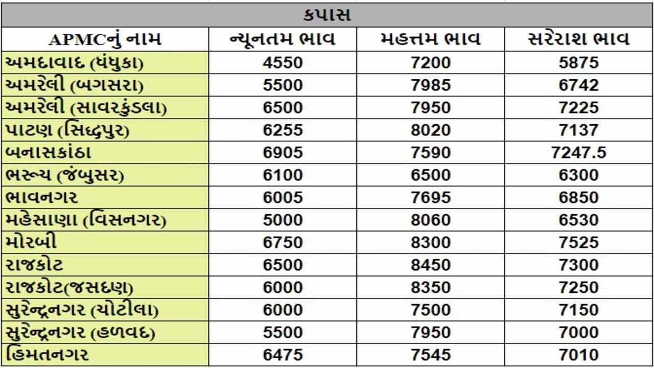 કપાસના તા.16-10-2024ના રોજ APMCના ભાવ રૂ.4550 થી 8450 રહ્યા.