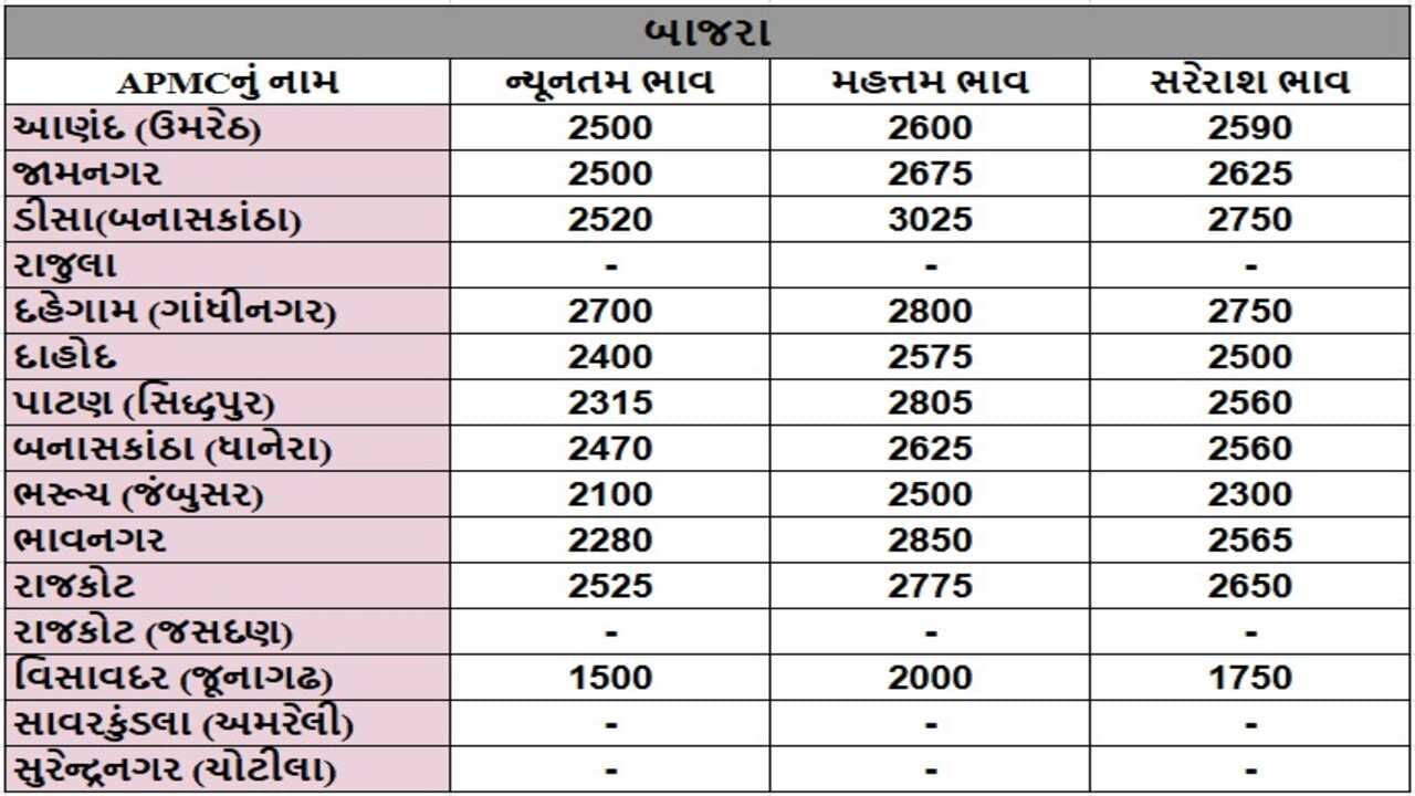 બાજરાના તા.13-11-2024ના રોજ APMCના ભાવ રૂ.1500 થી 3025 રહ્યા.