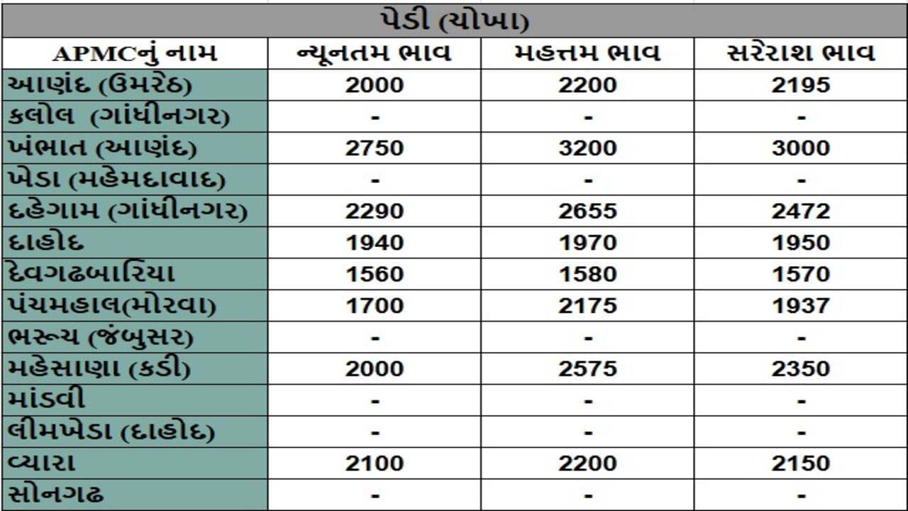 પેડી (ચોખા)ના તા.20-11-2024ના રોજ APMCના ભાવ રૂ.1560 થી 3200 રહ્યા.