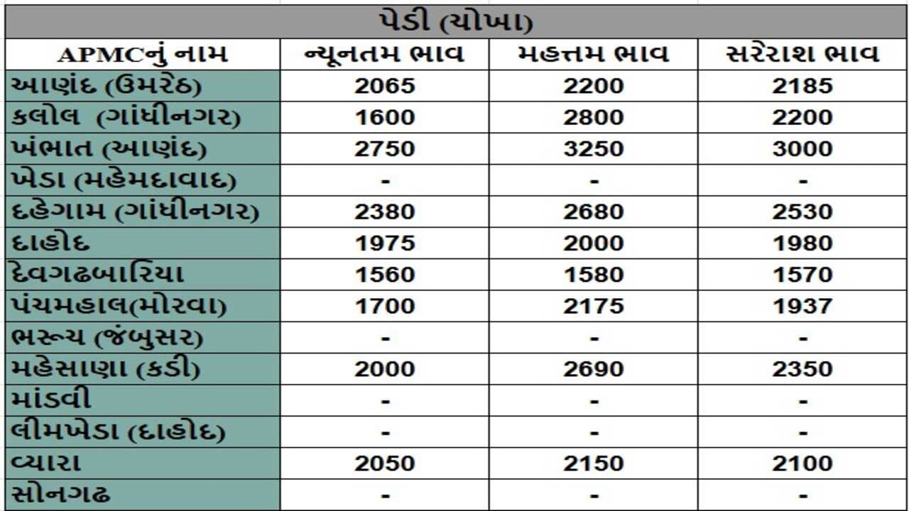 પેડી (ચોખા)ના તા.25-11-2024ના રોજ APMCના ભાવ રૂ.1560 થી 3250 રહ્યા.