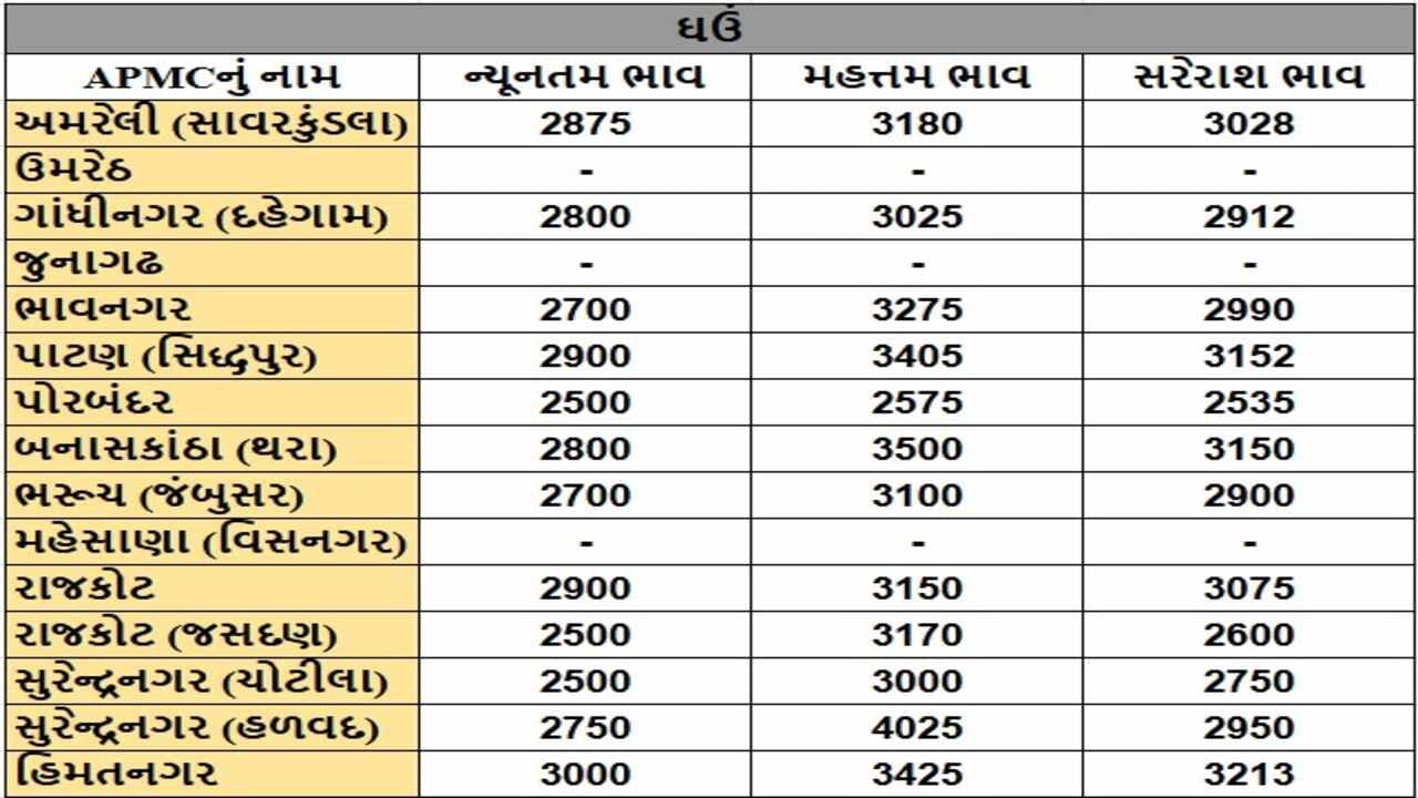 ઘઉંના તા.20-11-2024ના રોજ APMCના ભાવ રૂ.2500 થી 4025 રહ્યા.