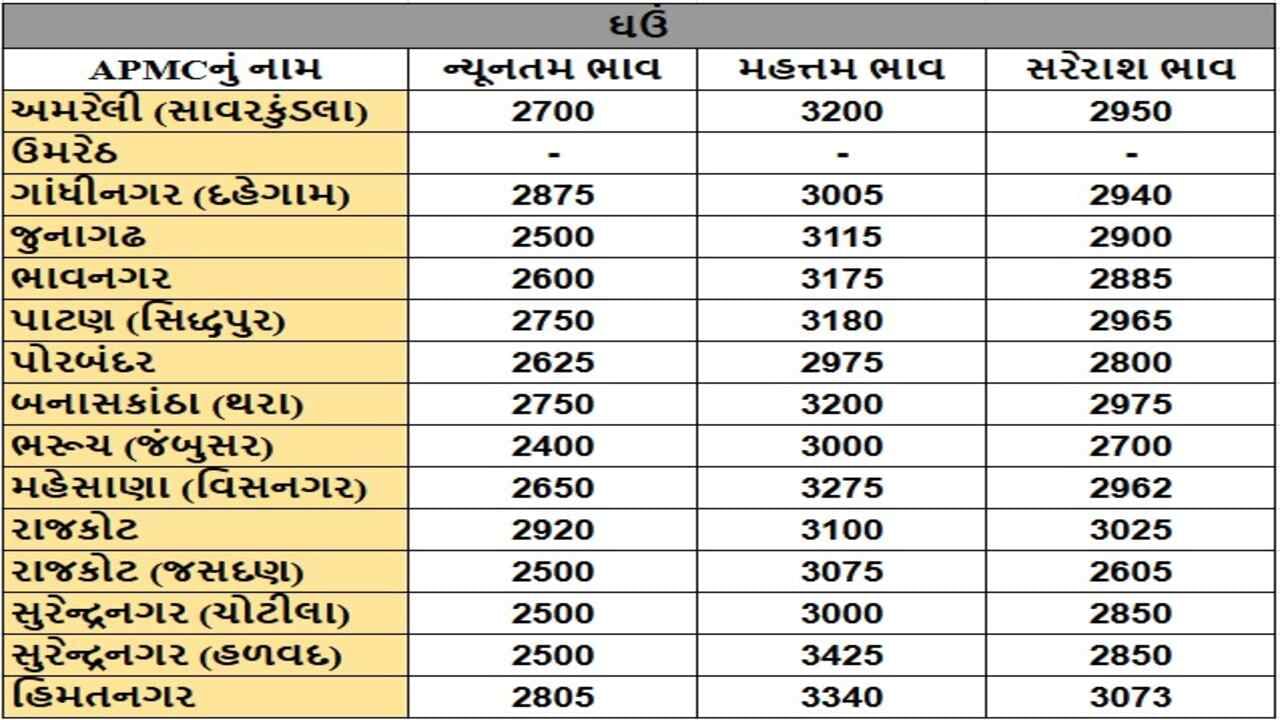 ઘઉંના તા.27-11-2024ના રોજ APMCના ભાવ રૂ.2400 થી 3425 રહ્યા.