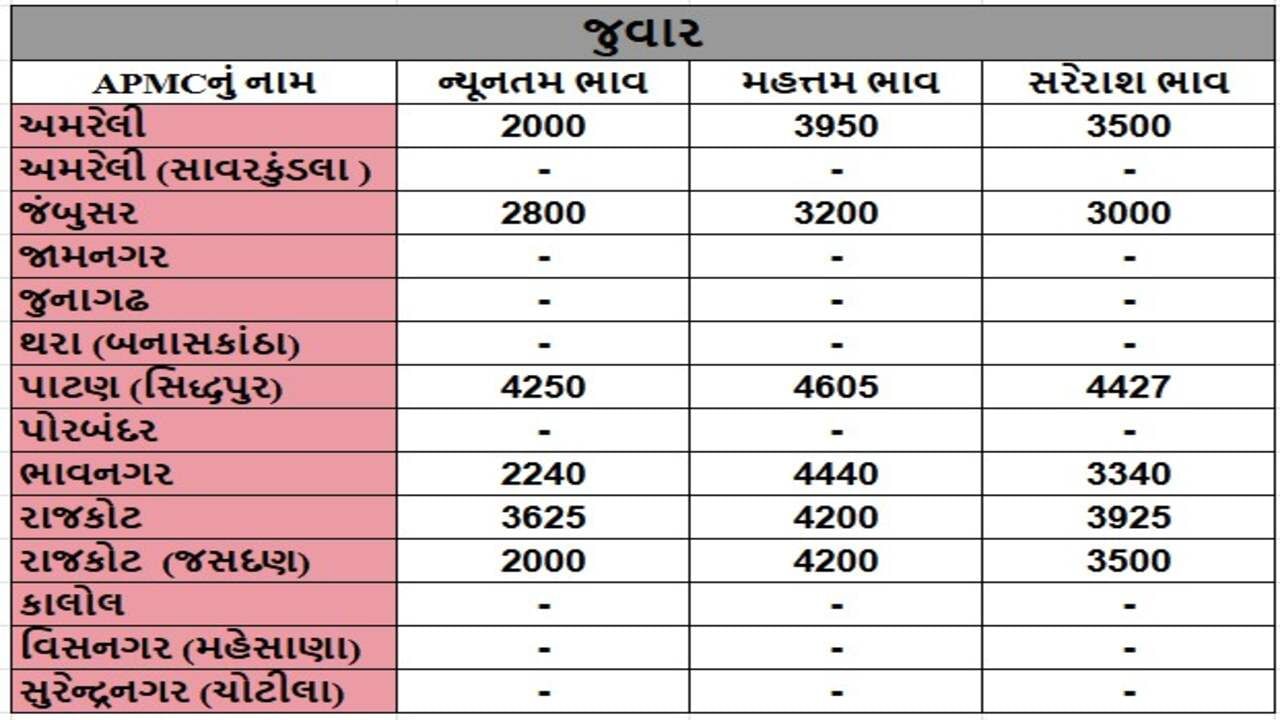 જુવારના તા.25-11-2024ના રોજ APMCના ભાવ રૂ.2000 થી 4440 રહ્યા.