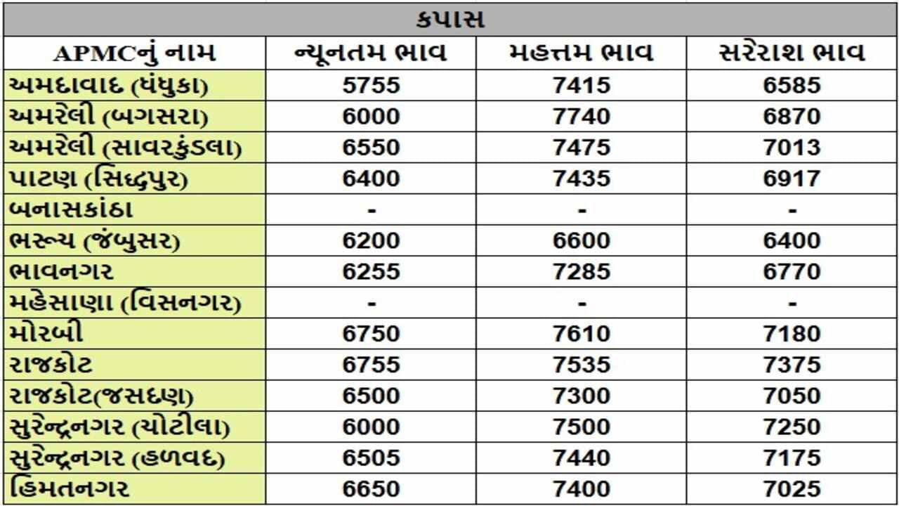 કપાસના તા.20-11-2024ના રોજ APMCના ભાવ રૂ.5755 થી 7740 રહ્યા.