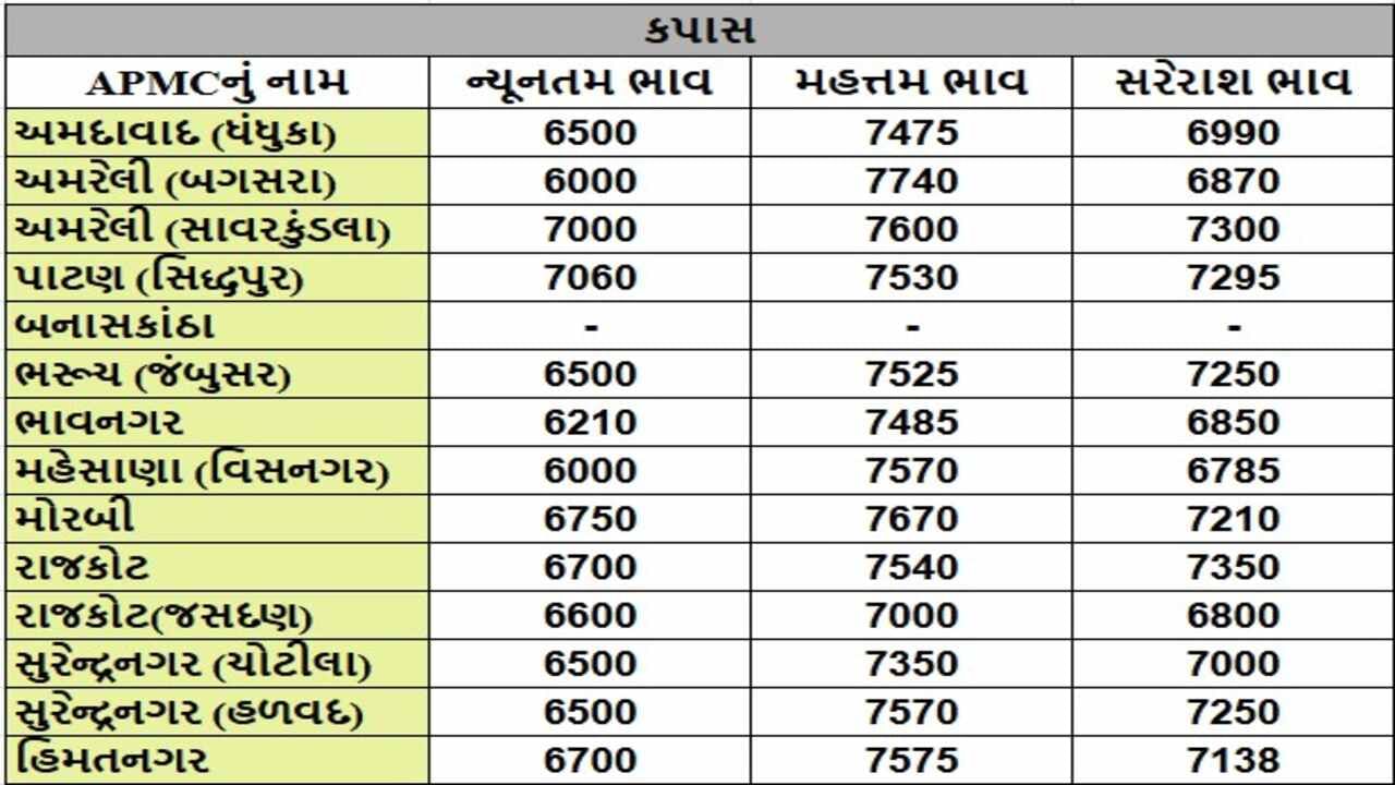 કપાસના તા.25-11-2024ના રોજ APMCના ભાવ રૂ.6000 થી 7740 રહ્યા.