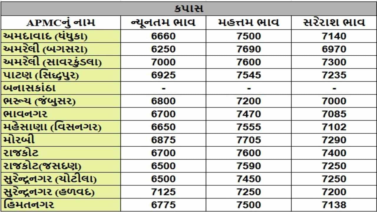 કપાસના તા.27-11-2024ના રોજ APMCના ભાવ રૂ.6250 થી 7705 રહ્યા.