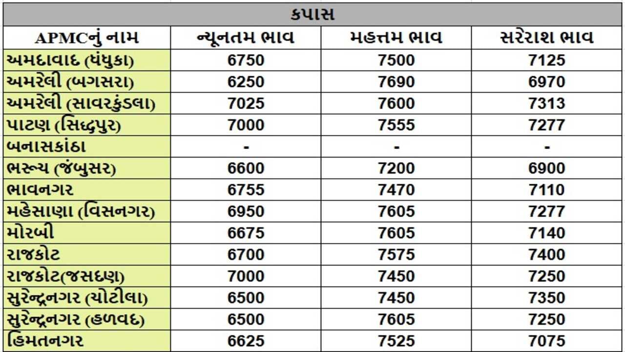 કપાસના તા.28-11-2024ના રોજ APMCના ભાવ રૂ.6250 થી 7690 રહ્યા.