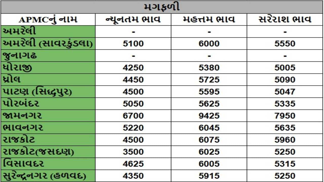 મગફળીના તા.20-11-2024ના રોજ APMCના ભાવ રૂ.3500 થી 9425 રહ્યા.