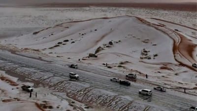 સાઉદી અરેબિયાના રણમાં પ્રથમ વખત હિમવર્ષા થઈ છે. સામાન્ય રીતે તેલના ભંડાર અને રણ માટે પ્રખ્યાત સાઉદી અરેબિયામાં એટલી બધી હિમવર્ષા થઈ છે કે આખું રણ બરફની સફેદ ચાદરથી ઢંકાઈ ગયું છે. જેના કારણે સમગ્ર વિસ્તારમાં કડકડતી ઠંડી પડી રહી છે.