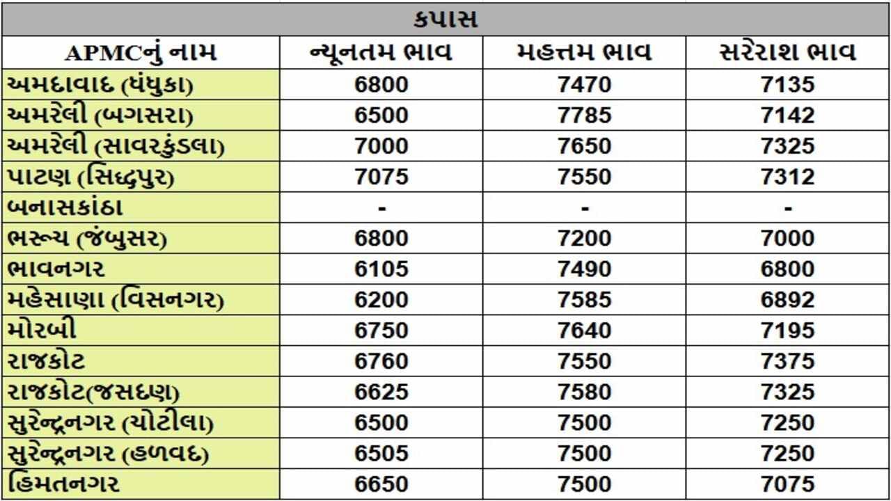 કપાસના તા.26-11-2024ના રોજ APMCના ભાવ રૂ.6105 થી 7785 રહ્યા.