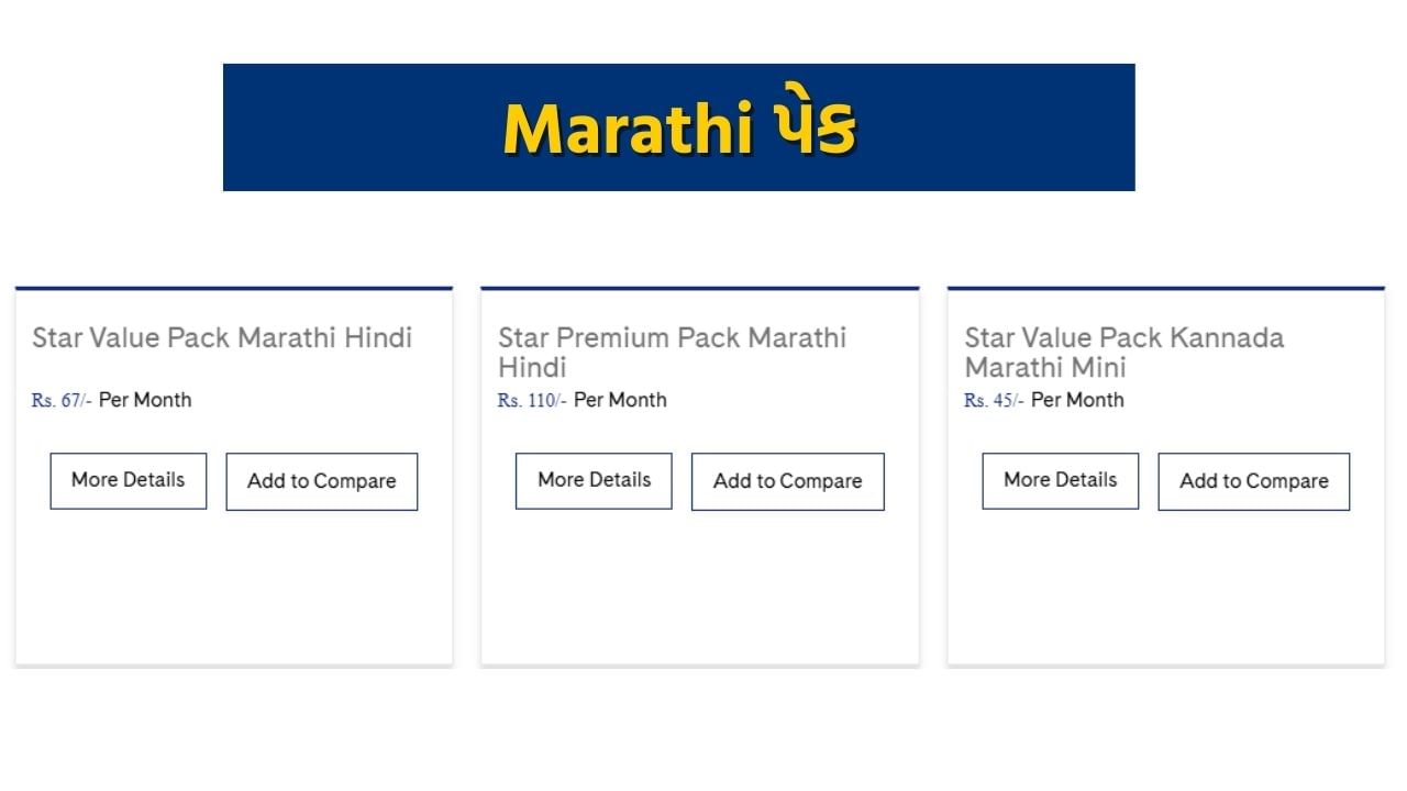 Marathi પેક: સ્ટાર વેલ્યુ પેક મરાઠીની કિંમત દર મહિને રૂ. 67 છે. આમાં 18 ચેનલોની ઍક્સેસ શામેલ છે. જ્યારે, સ્ટાર પ્રીમિયમ પેક મરાઠીની કિંમત 110 રૂપિયા પ્રતિ મહિને છે, જેમાં તમને 25 ચેનલોની ઍક્સેસ મળશે.