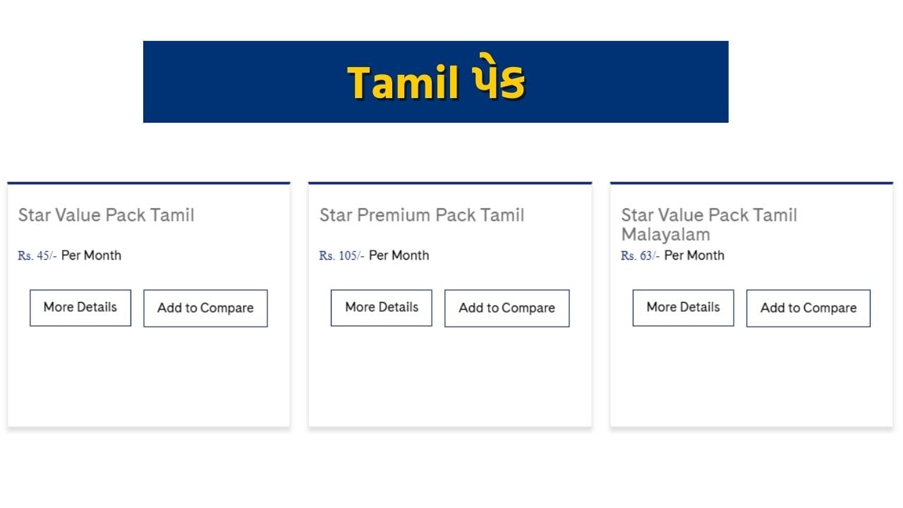 Tamil પેક: સ્ટાર વેલ્યુ પેક તમિલની કિંમત 45 રૂપિયા પ્રતિ માસ છે. આમાં 10 ચેનલોની ઍક્સેસ શામેલ છે. જ્યારે, સ્ટાર પ્રીમિયમ પેક મલયાલમની કિંમત 105 રૂપિયા પ્રતિ મહિને છે, જેમાં તમને 16 ચેનલ્સનો એક્સેસ મળશે.