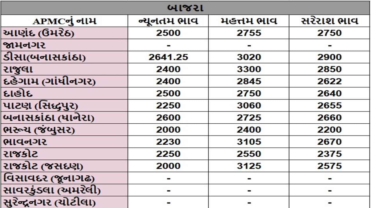 બાજરાના તા.26-12-2024ના રોજ APMCના ભાવ રૂ.2000 થી 3300 રહ્યા.