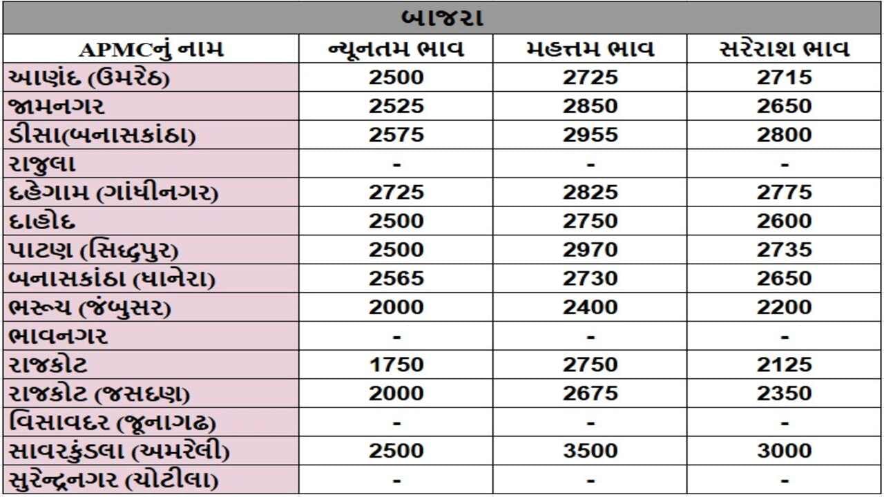 બાજરાના તા.05-12-2024ના રોજ APMCના ભાવ રૂ.1750 થી 3500 રહ્યા.