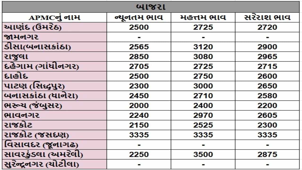 બાજરાના તા.10-12-2024ના રોજ APMCના ભાવ રૂ.2000 થી 3500 રહ્યા.