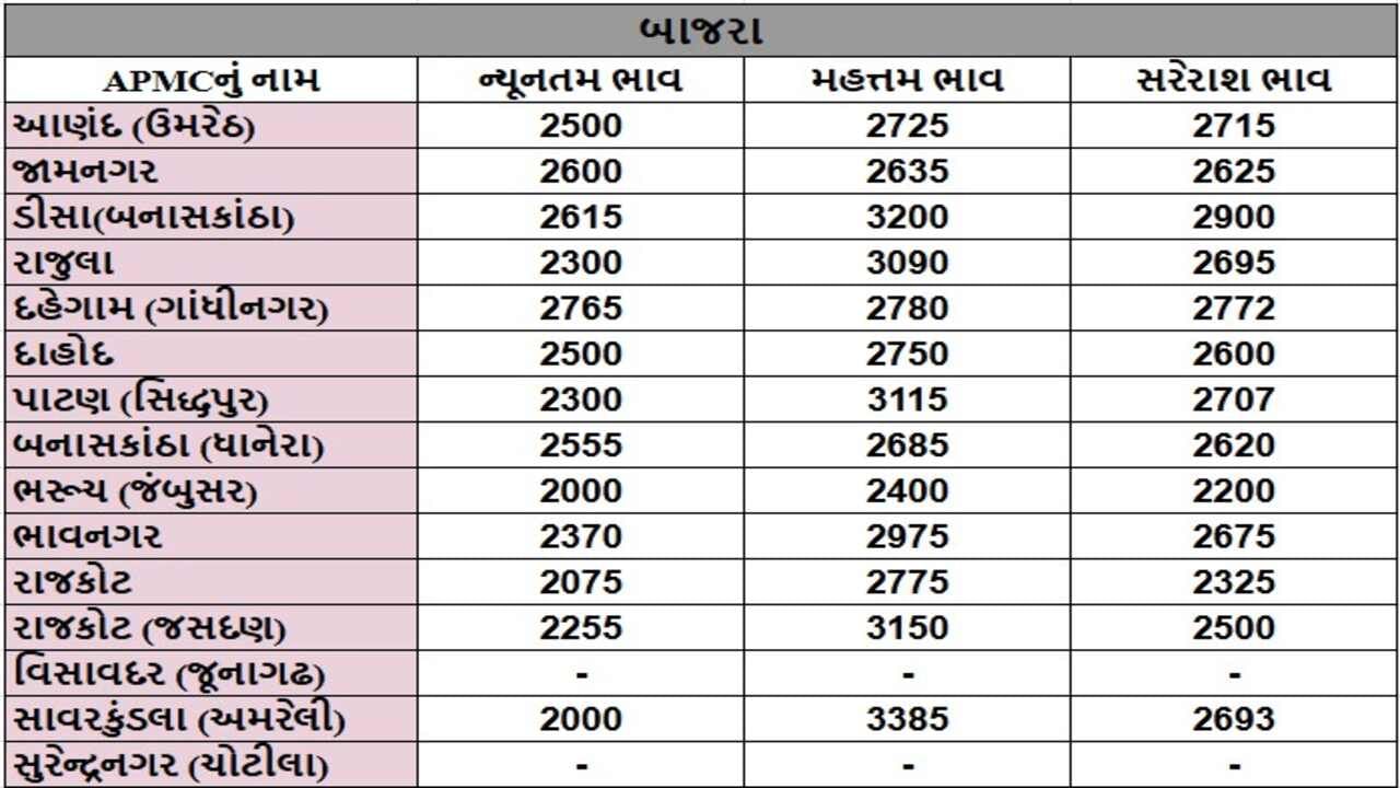 બાજરાના તા.11-12-2024ના રોજ APMCના ભાવ રૂ.2000 થી 3385 રહ્યા.