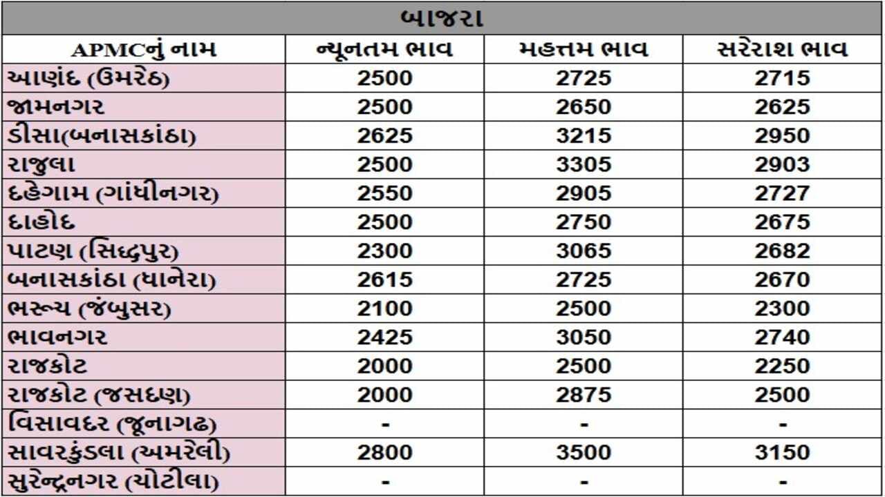 બાજરાના તા.12-12-2024ના રોજ APMCના ભાવ રૂ.2000 થી 3500 રહ્યા.