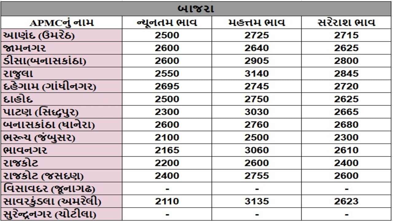 બાજરાના તા.02-12-2024ના રોજ APMCના ભાવ રૂ.2100 થી 3140 રહ્યા.