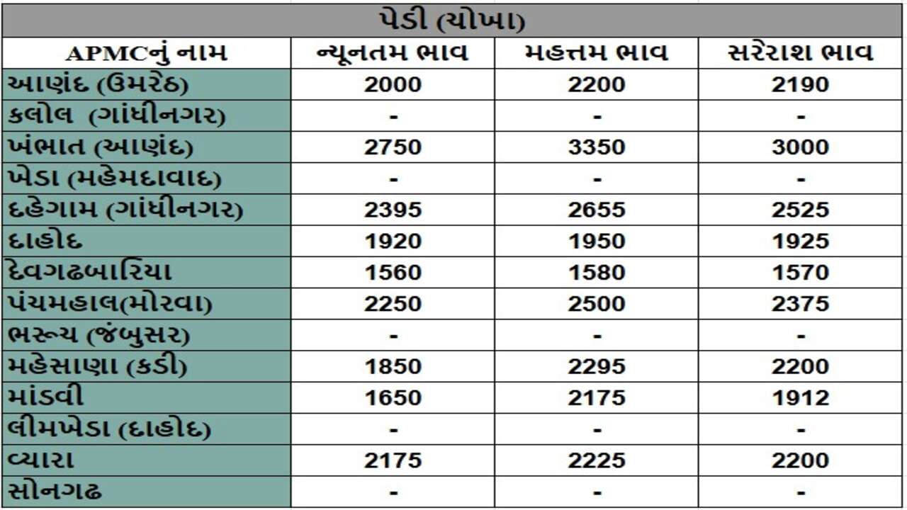 પેડી (ચોખા)ના તા.19-12-2024ના રોજ APMCના ભાવ રૂ.1560 થી 3350 રહ્યા.