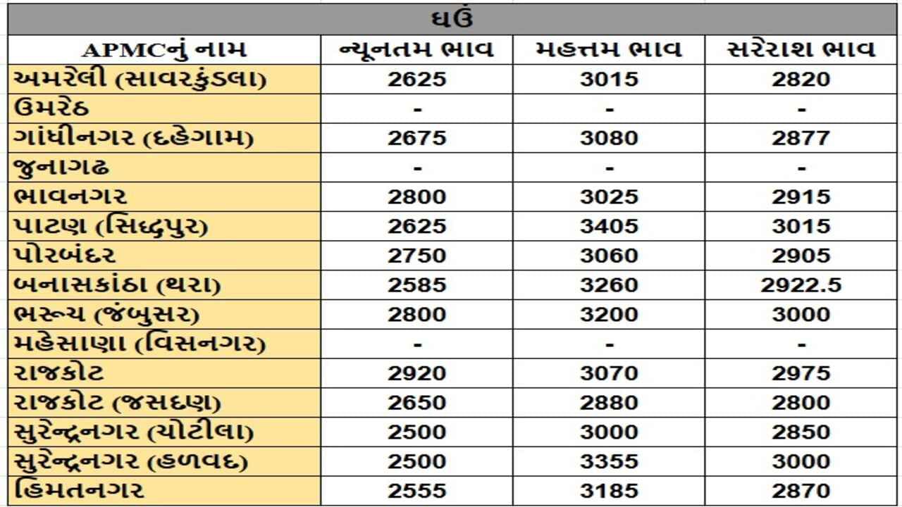 ઘઉંના તા.10-12-2024ના રોજ APMCના ભાવ રૂ.2500 થી 3405 રહ્યા.