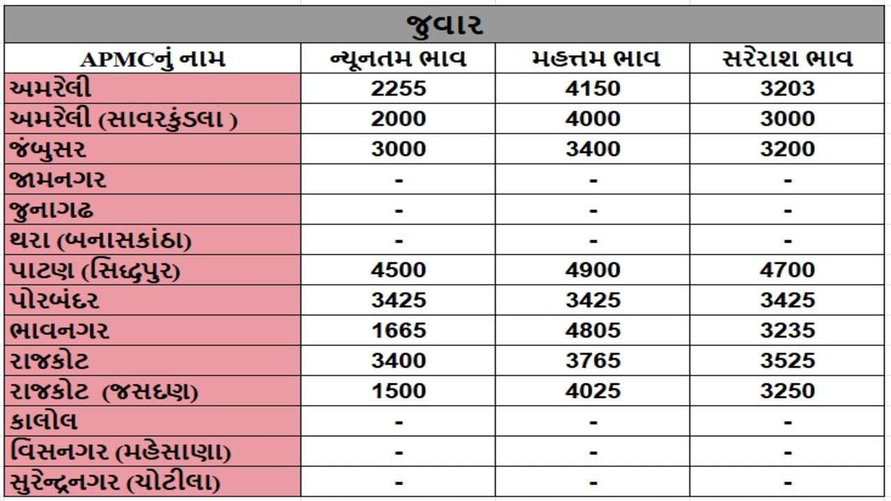 જુવારના તા.05-12-2024ના રોજ APMCના ભાવ રૂ.1500 થી 4900 રહ્યા.