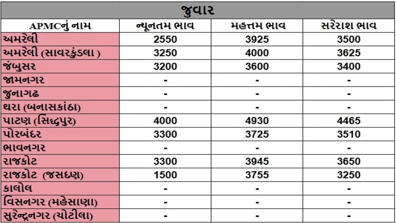 જુવારના તા.17-12-2024ના રોજ APMCના ભાવ રૂ.1500 થી 4930 રહ્યા.