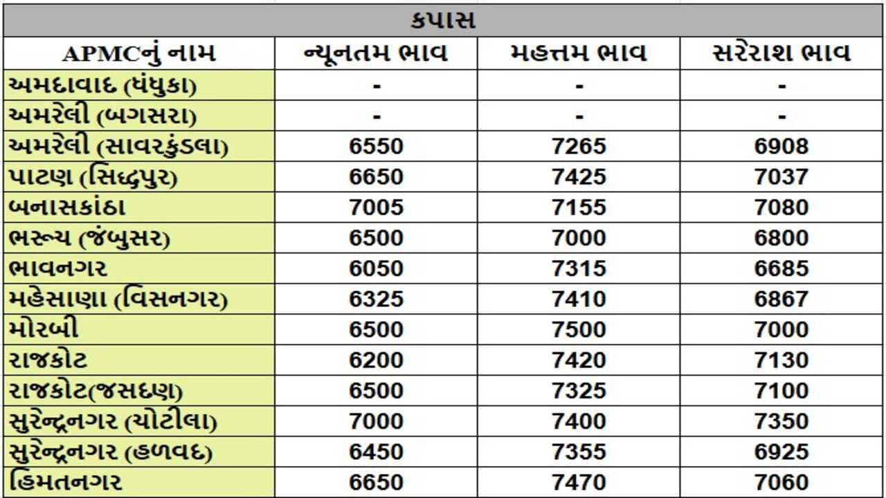 કપાસના તા.03-12-2024ના રોજ APMCના ભાવ રૂ.6050 થી 7500 રહ્યા.