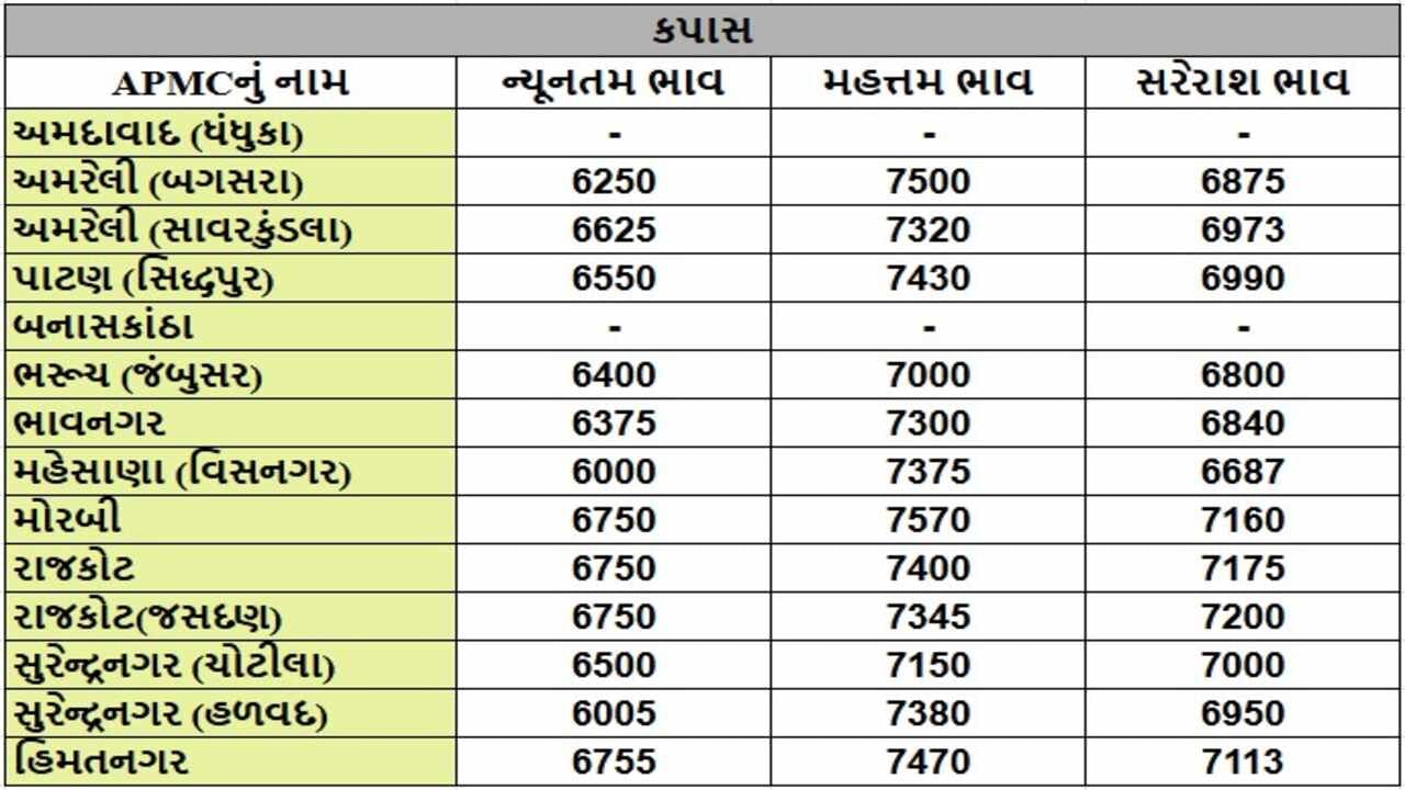 કપાસના તા.24-12-2024ના રોજ APMCના ભાવ રૂ.6000 થી 7570 રહ્યા.