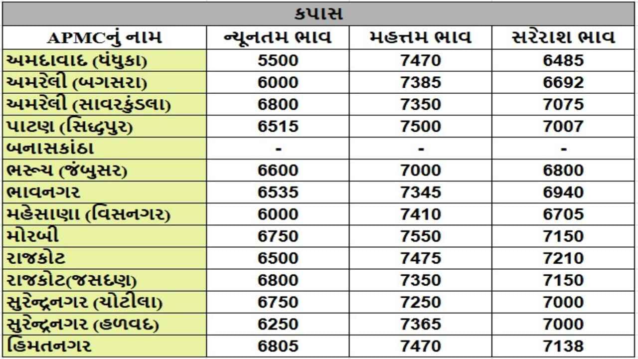 કપાસના તા.30-12-2024ના રોજ APMCના ભાવ રૂ.5500 થી 7550 રહ્યા.