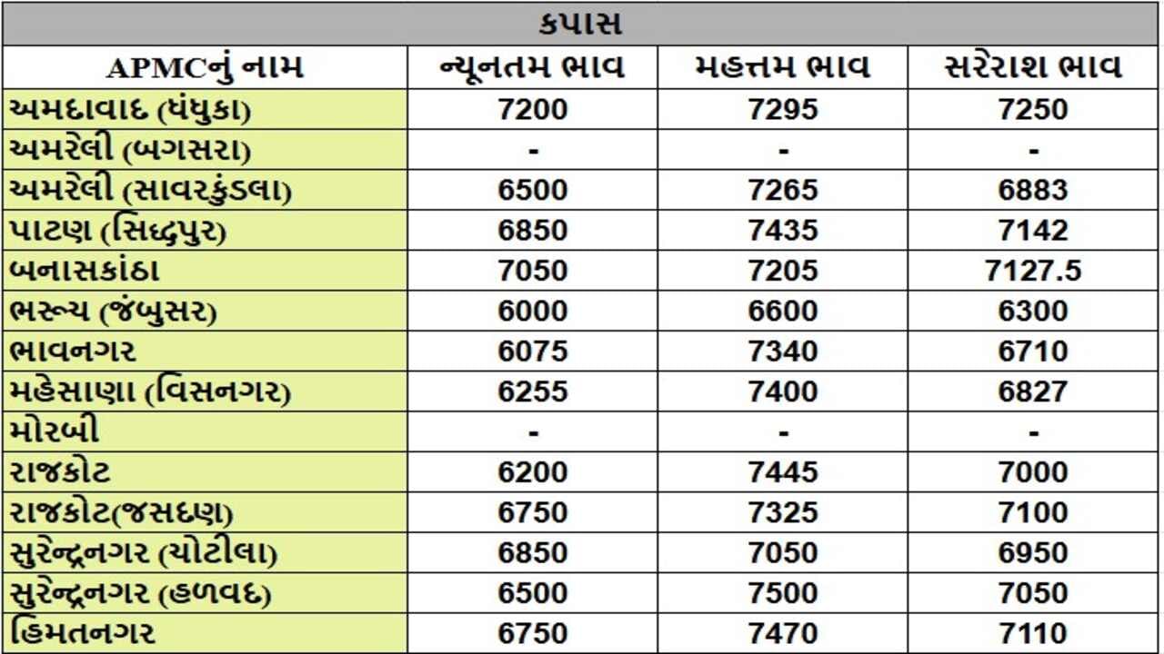 કપાસના તા.04-12-2024ના રોજ APMCના ભાવ રૂ.6000 થી 7500 રહ્યા.