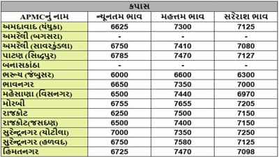 કપાસના તા.09-12-2024ના રોજ APMCના ભાવ રૂ.6000 થી 7655 રહ્યા.